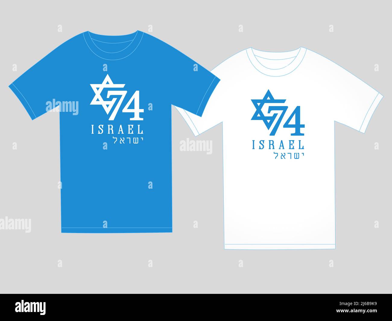 74 anni disegno della t-shirt del giorno dell'Indipendenza con testo ebraico - Israele. 74th numeri con la stella David su sfondo blu e bianco della camicia. Vettore Illustrazione Vettoriale