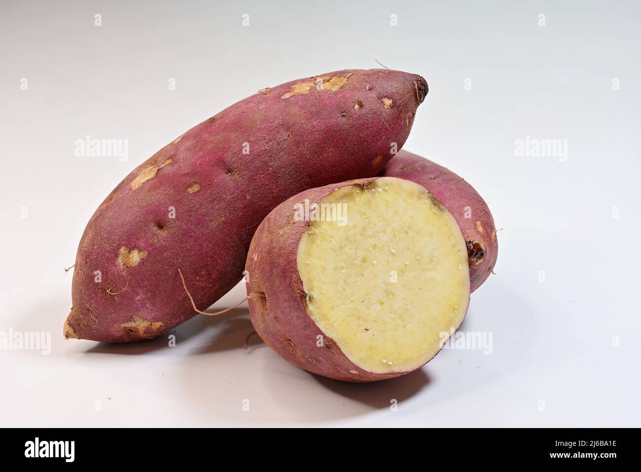 La patata dolce o dolcificata è un vitigno erbaceo perenne, appartenente alla famiglia della gloria mattutina, Convolvulaceae. Produce grande, amidaceo, swe Foto Stock