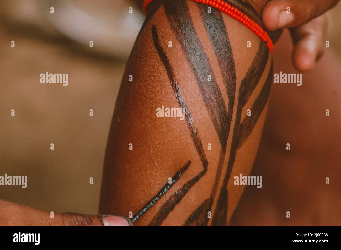 Braccio o gamba dipinta di un indiano brasiliano della tribù indigena Asurini in Brasile. Foto Stock