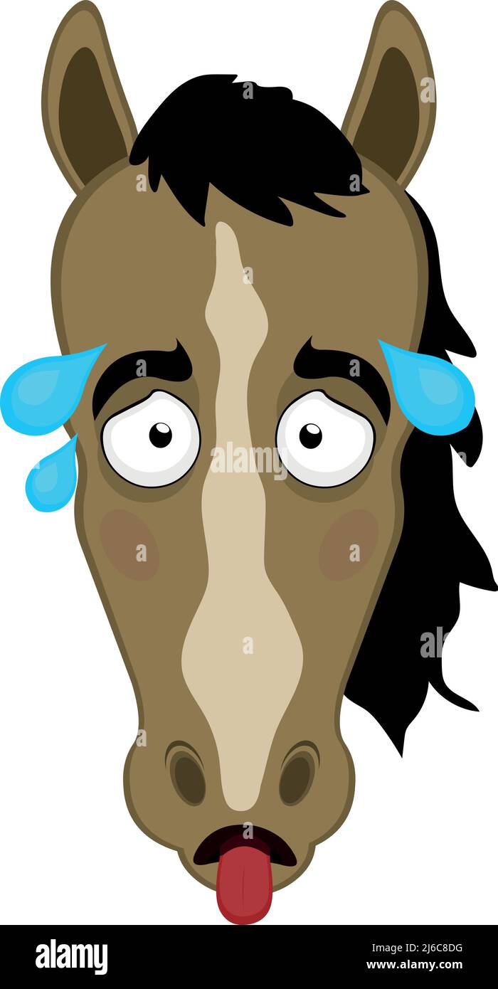 Illustrazione vettoriale del volto di un cavallo da cartoon esausto, con la lingua fuori e gocce di sudore sulla testa Illustrazione Vettoriale