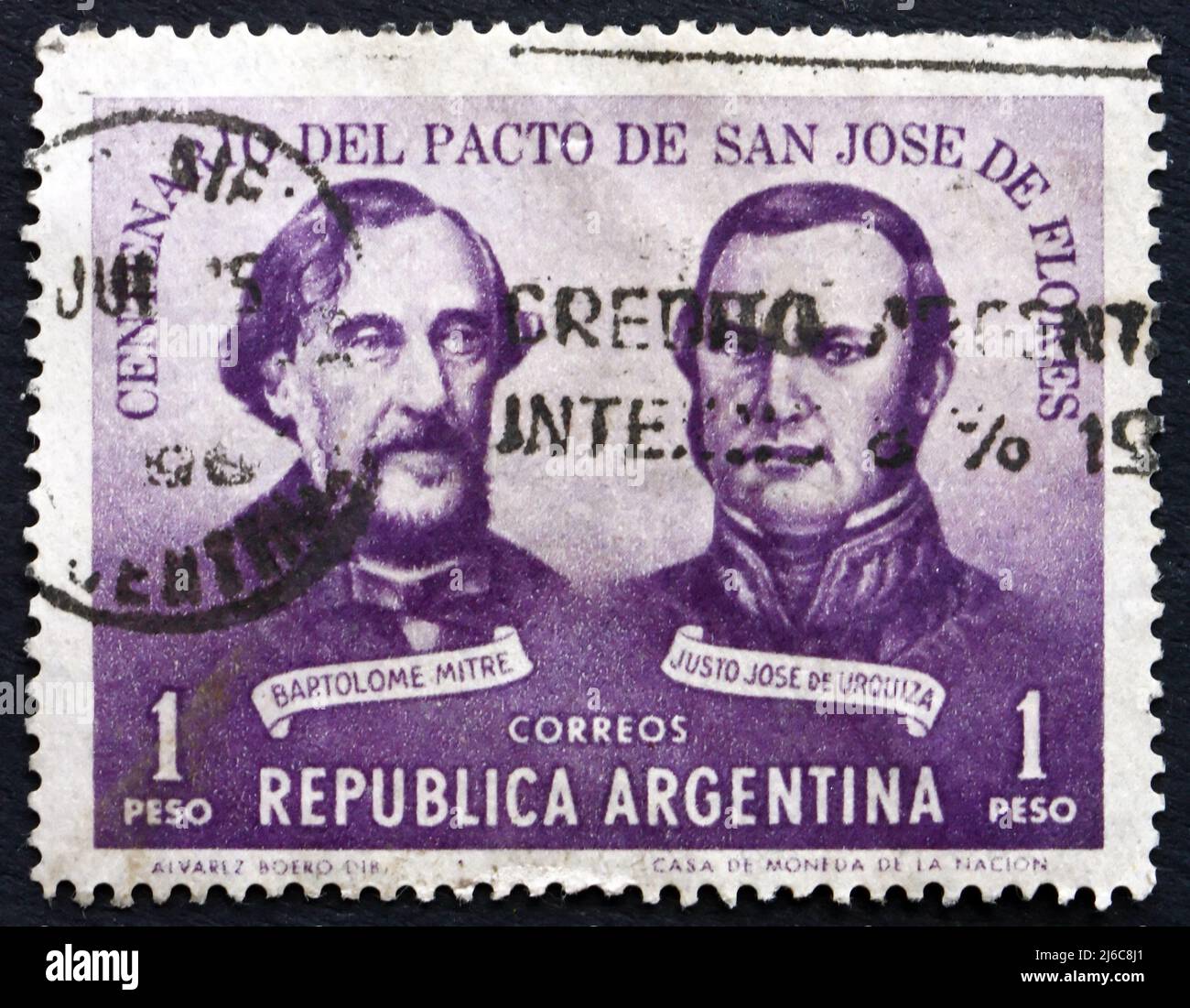 ARGENTINA - CIRCA 1959: Un francobollo stampato in Argentina mostra Bartolome Mitre e Justo Jose de Urquiza, Trattato di San Jose de Flores, Centenario, cir Foto Stock
