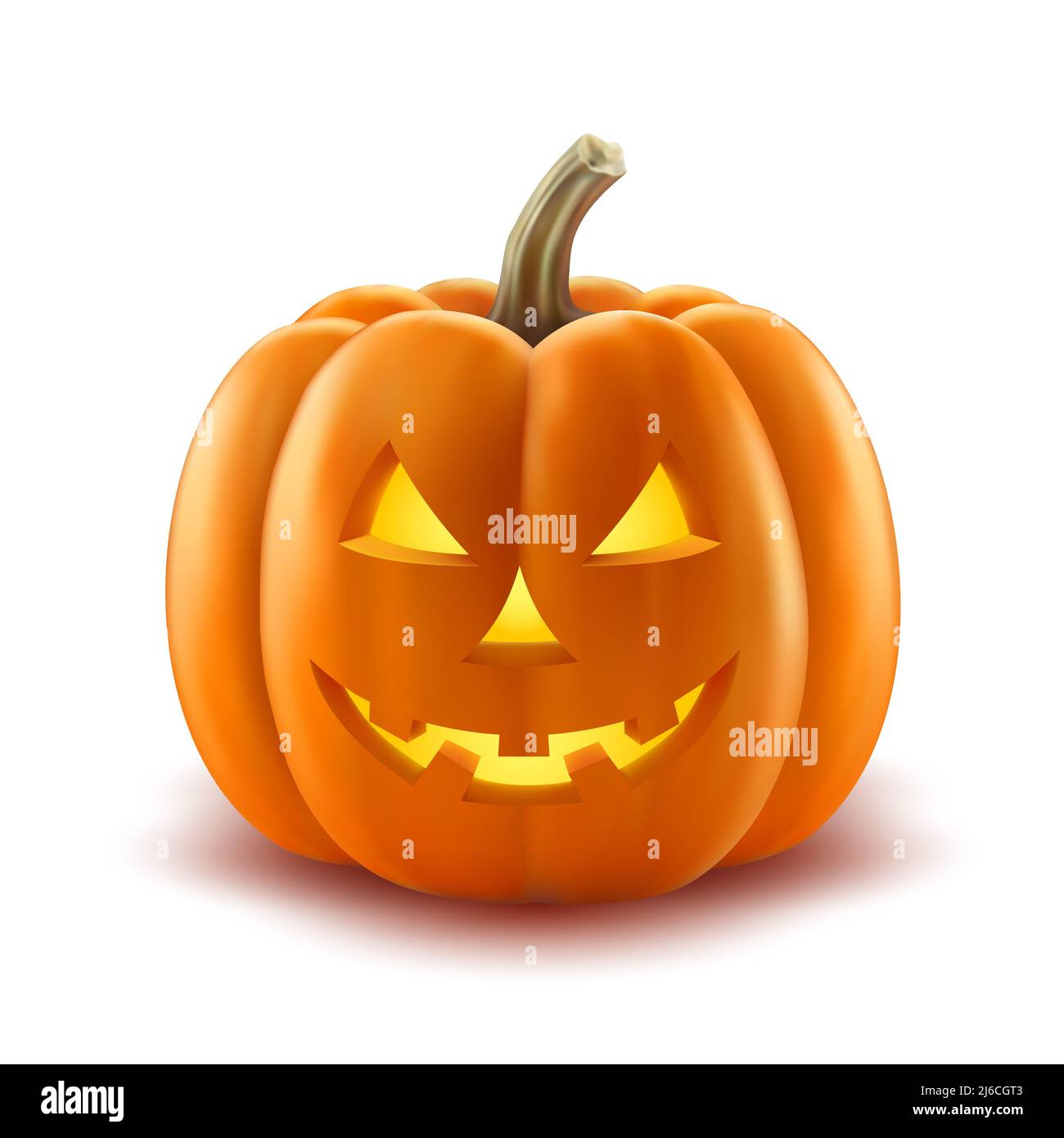 Pauroso jack-o-lanterna di zucca con un sorriso toothy creepy e bagliore ardente all'interno di realistiche illustrazioni vettoriali isolate su sfondo bianco. Tradizionale de Foto Stock