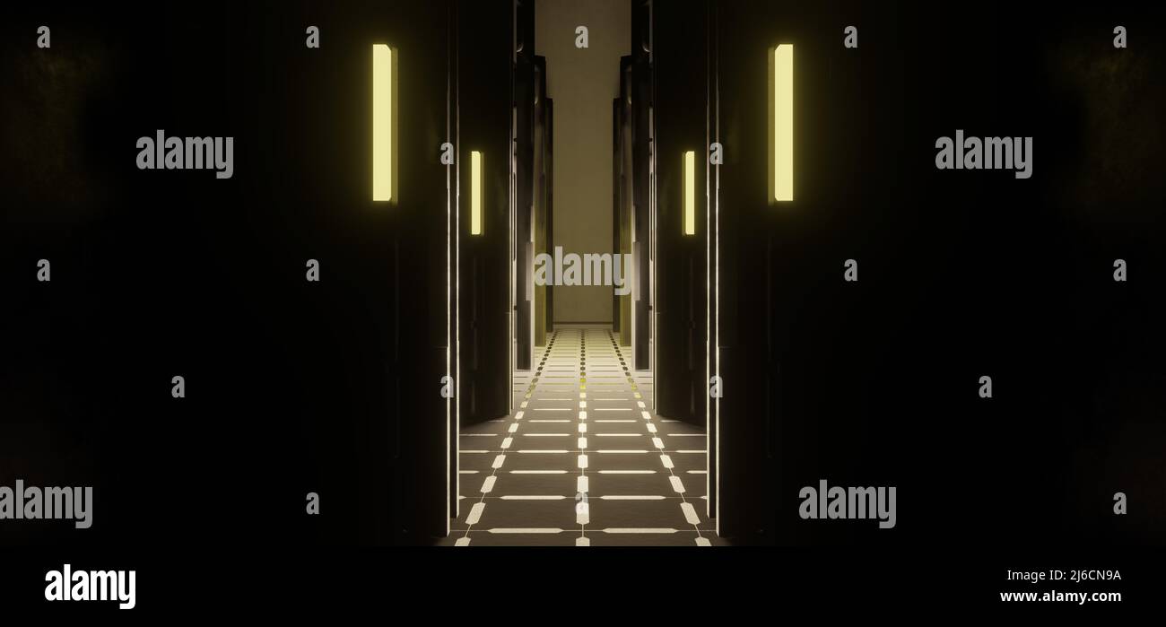 Sfondo di stanza vuota con pareti in mattoni, pavimento in cemento, piastrelle. Neon light giallo 3D Render Foto Stock