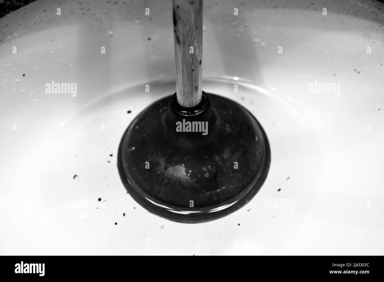 Usando uno stantuffo su un lavandino della stanza da bagno tappato con i capelli e lo Scrum in una piscina di acqua stagnante in piedi. Foto Stock