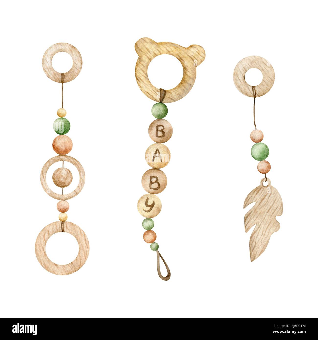 Accessorio per bambini ecologico per illustrazioni acquerello. Decorazioni per vivai, giocattoli in legno. Disegnato a mano isolato su sfondo bianco. Perfetto per biglietti, inviti, baby show Foto Stock