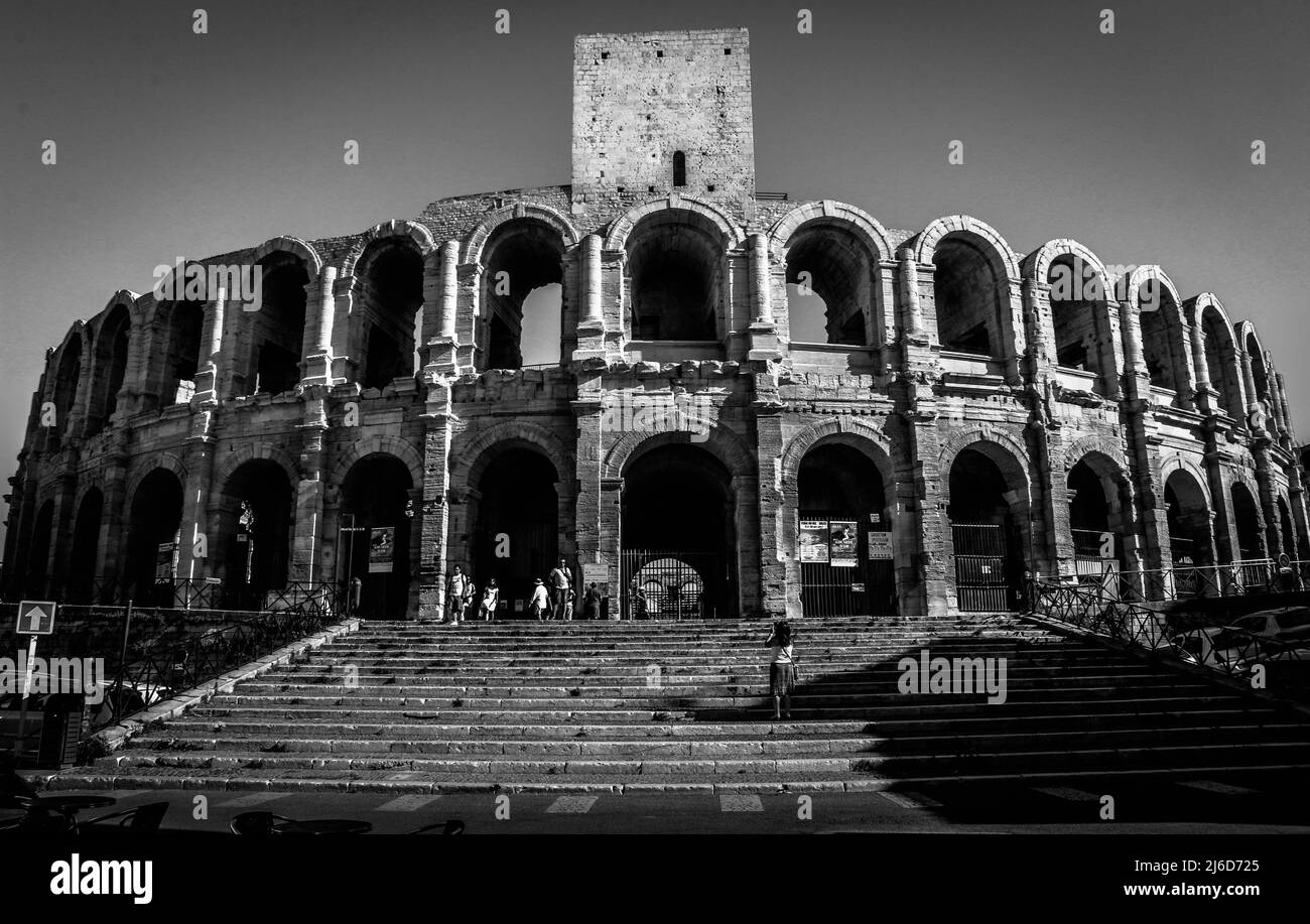 L'Anfiteatro Romano nella città di Arles, Francia Foto Stock