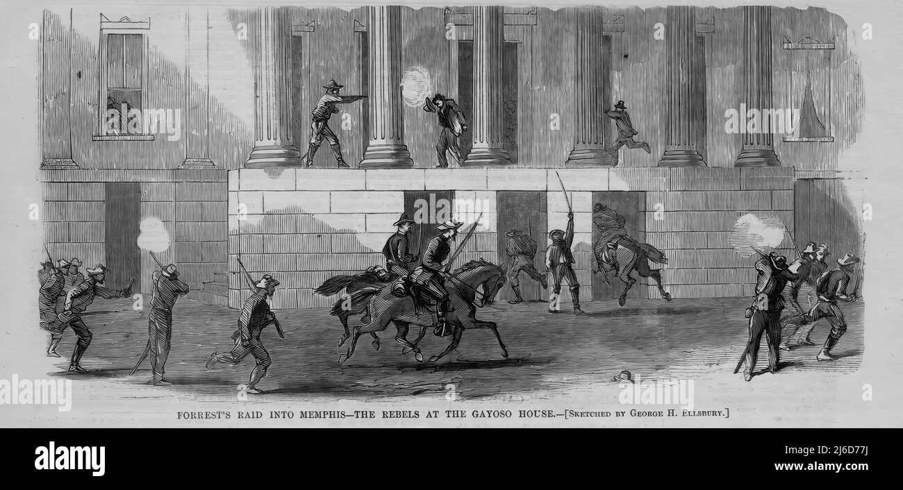 Nathan Bedford Forrest's RAID in Memphis, Tennessee - i ribelli alla Casa Gayoso, Guerra civile americana. 1864 illustrazione di George H. Ellsbury Foto Stock
