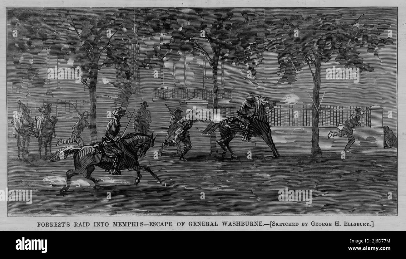 Nathan Bedford Forrest's RAID into Memphis, Tennessee - fuga del generale Cadwallader Colden Washburn, la guerra civile americana. 1864 illustrazione Foto Stock