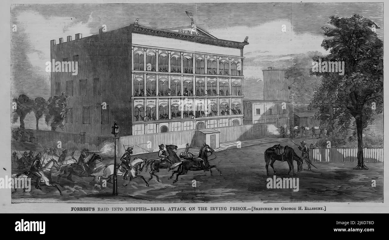Nathan Bedford Forrest's RAID into Memphis, Tennessee - attacco Rebel alla prigione di Irving, Guerra civile americana. 1864 illustrazione di George H. Ellsbury Foto Stock
