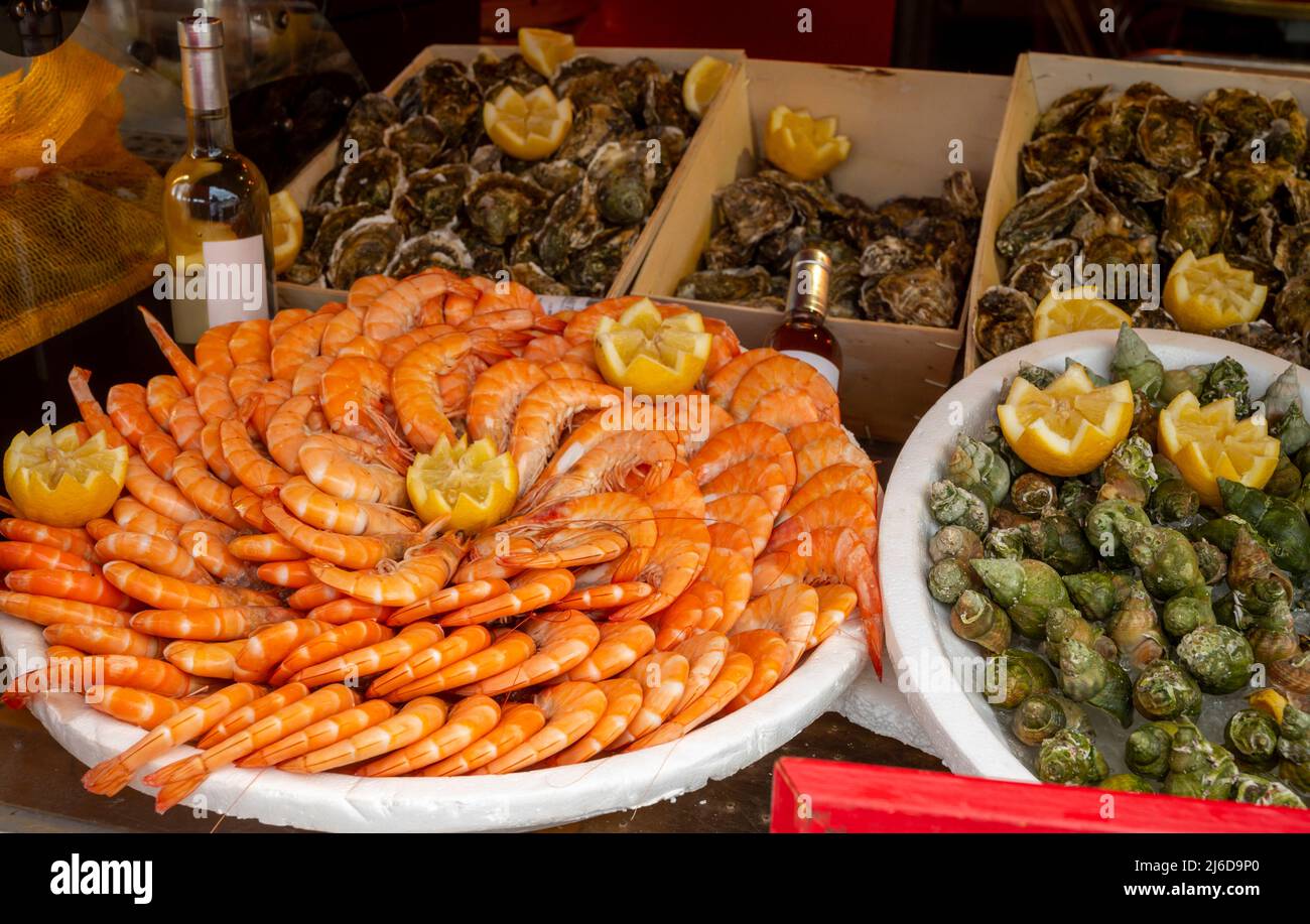 Assortimento di frutti di mare crudi, scrimps, ostriche per cena in ristorante nel piccolo villaggio di pescatori Cassis, Provenza, Francia Foto Stock