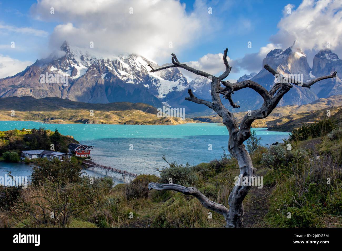 Lago di Pehoe nel parco nazionale cileno di Torres del Paine in Patagonia Foto Stock