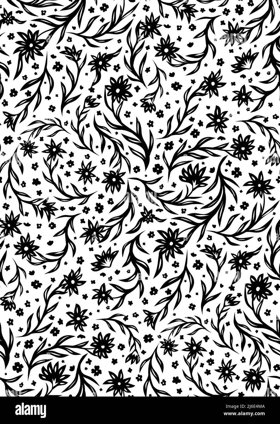 Motivo vettoriale monocromatico senza cuciture con piccoli fiori neri su steli su sfondo bianco. Texture naturale con Ditsy per tessuti. Sfondo Illustrazione Vettoriale