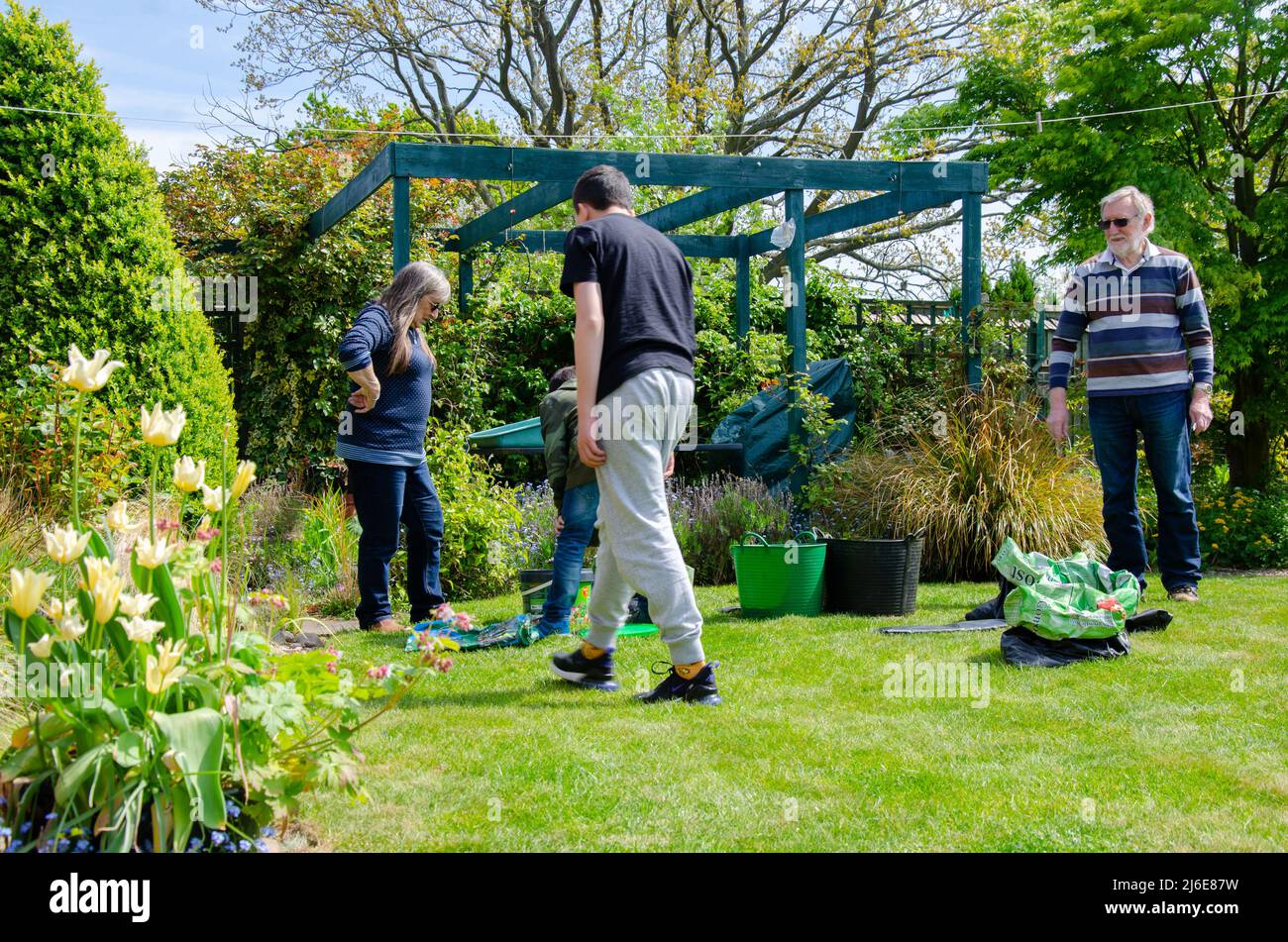 i bambini aiutano i loro nonni in giardino in una giornata di primavera soleggiata. Foto Stock