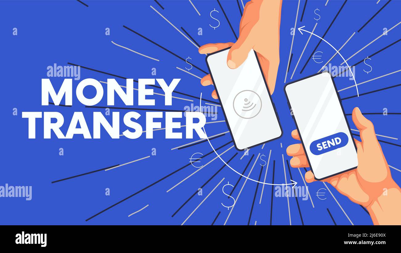 Background aziendale con mano e telefono umano, invio e ricezione di denaro wireless, trasferimento di denaro mobile applicazione concetto di marketing vettoriale Illustrazione Vettoriale