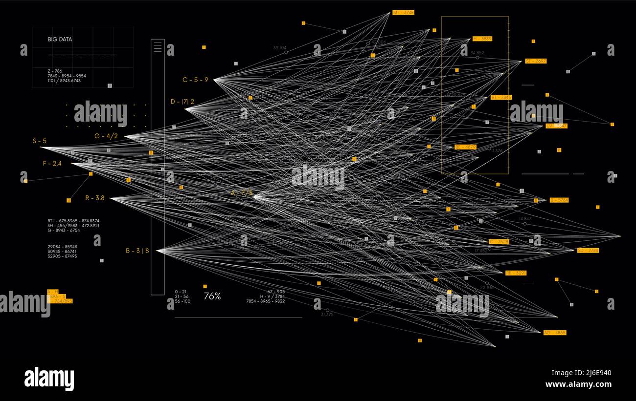 Rete neurale di dati complessi di grandi dimensioni, concetto di visualizzazione dei dati informativi, analisi aziendale, background tecnologico Illustrazione Vettoriale