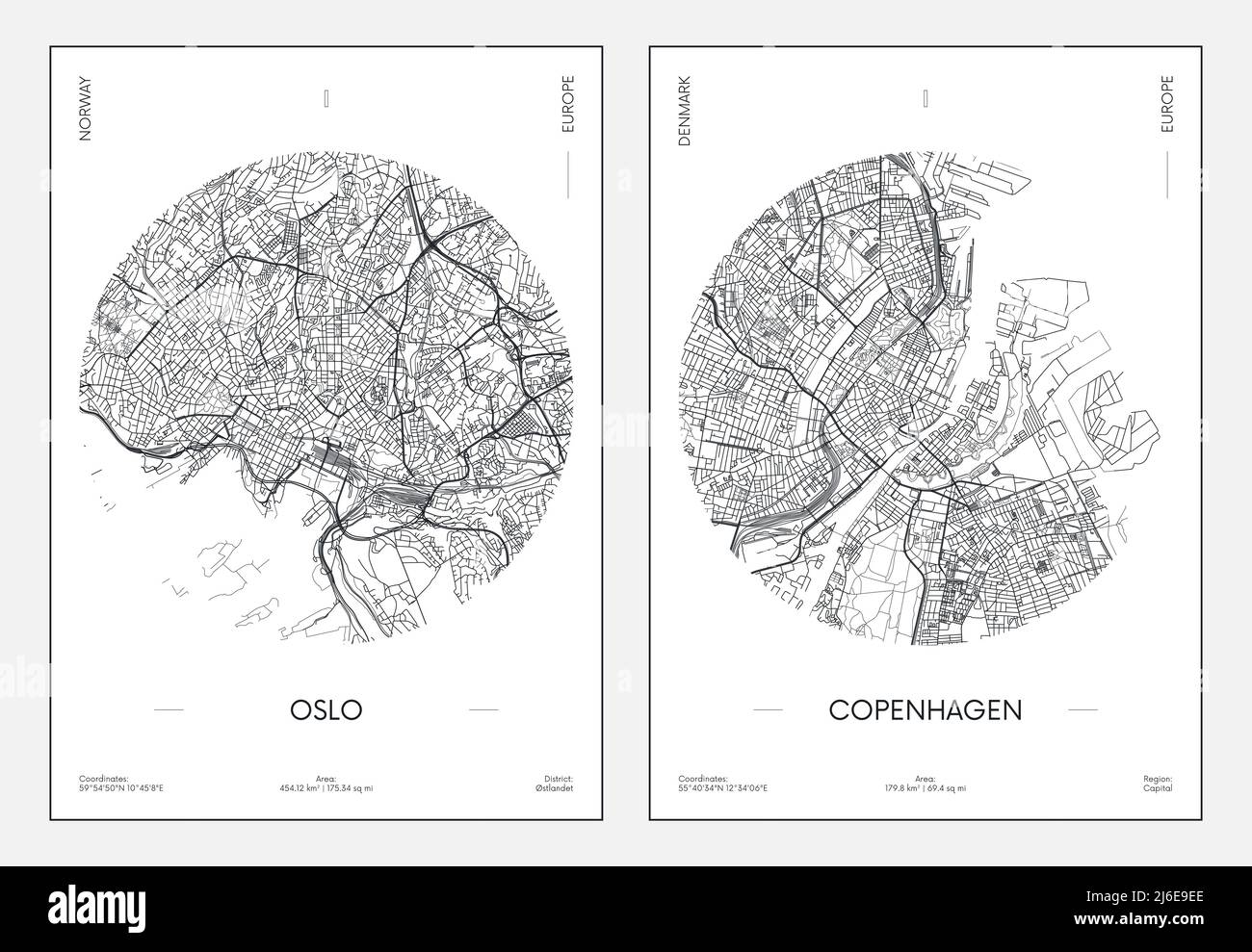 Poster di viaggio, mappa urbana della città Oslo e Copenhagen, illustrazione vettoriale Illustrazione Vettoriale
