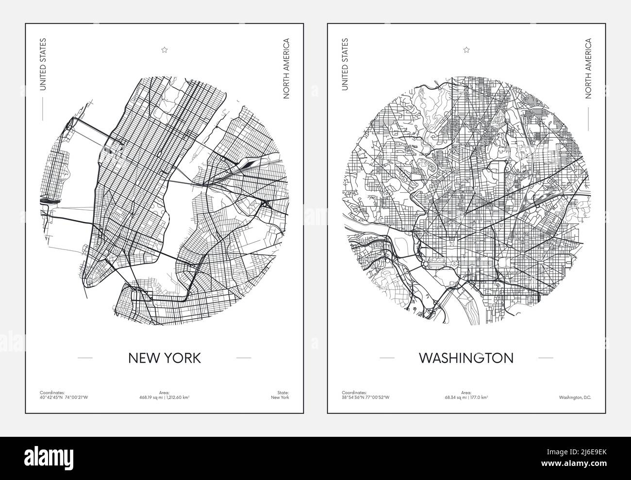 Poster di viaggio, mappa urbana della città di New York e Washington, illustrazione vettoriale Illustrazione Vettoriale