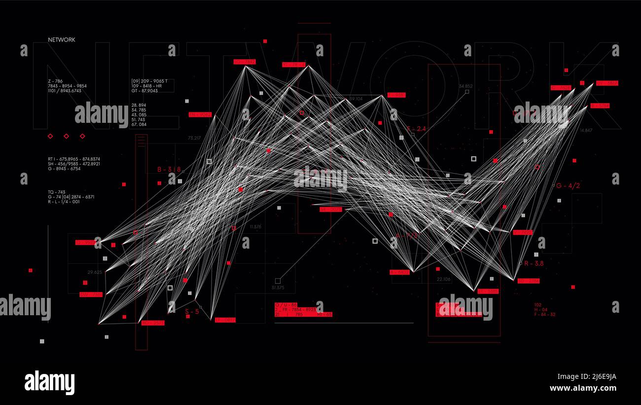 Sistema futuristico di ordinamento e analisi di database, visualizzazione complessa di reti e connessioni di informazione, illustrazione vettoriale Illustrazione Vettoriale