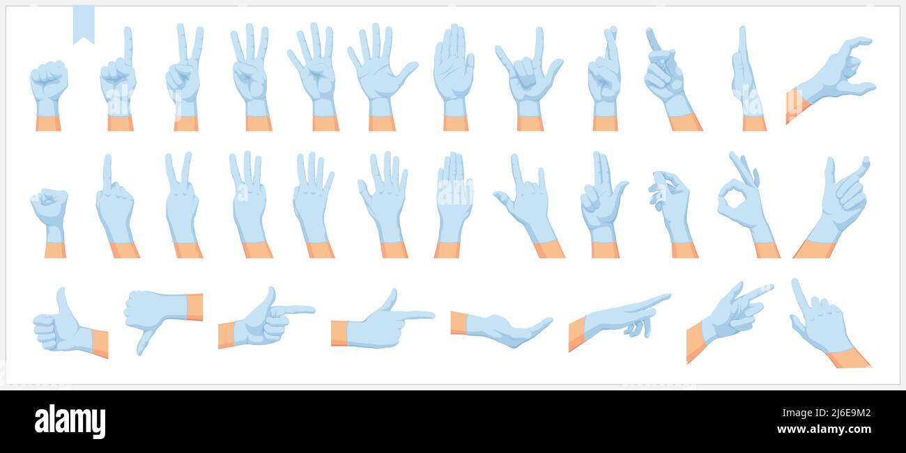 Set di mani, segni e gesti umani realistici, in guanti protettivi blu illustrazioni vettoriali isolate su sfondo bianco Illustrazione Vettoriale