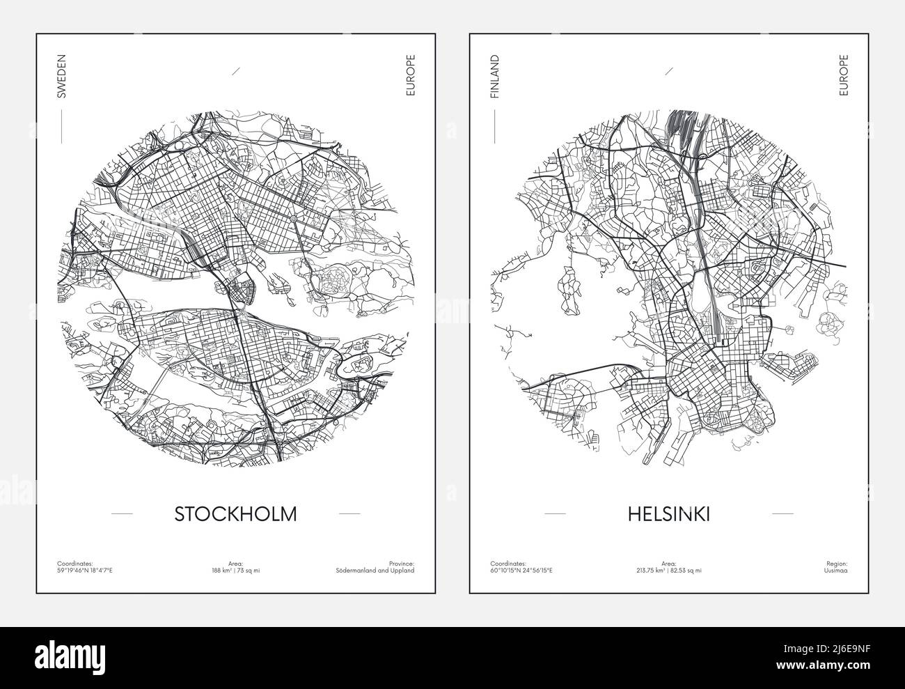 Poster di viaggio, mappa urbana della città Stoccolma ed Helsinki, illustrazione vettoriale Illustrazione Vettoriale