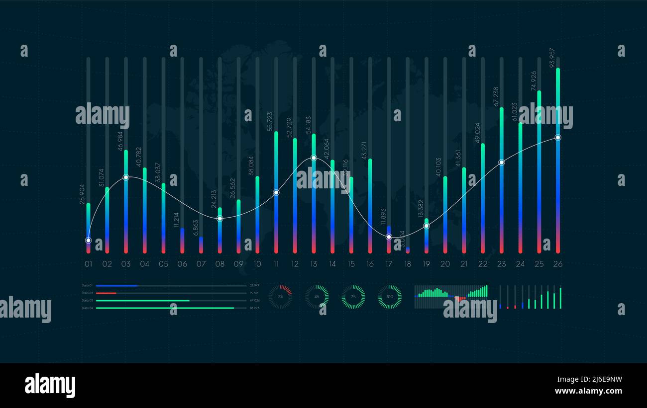 Dashboard infografica visualizzazione dei big data, opzione binaria, statistiche e analisi di mercato, illustrazione vettoriale Illustrazione Vettoriale