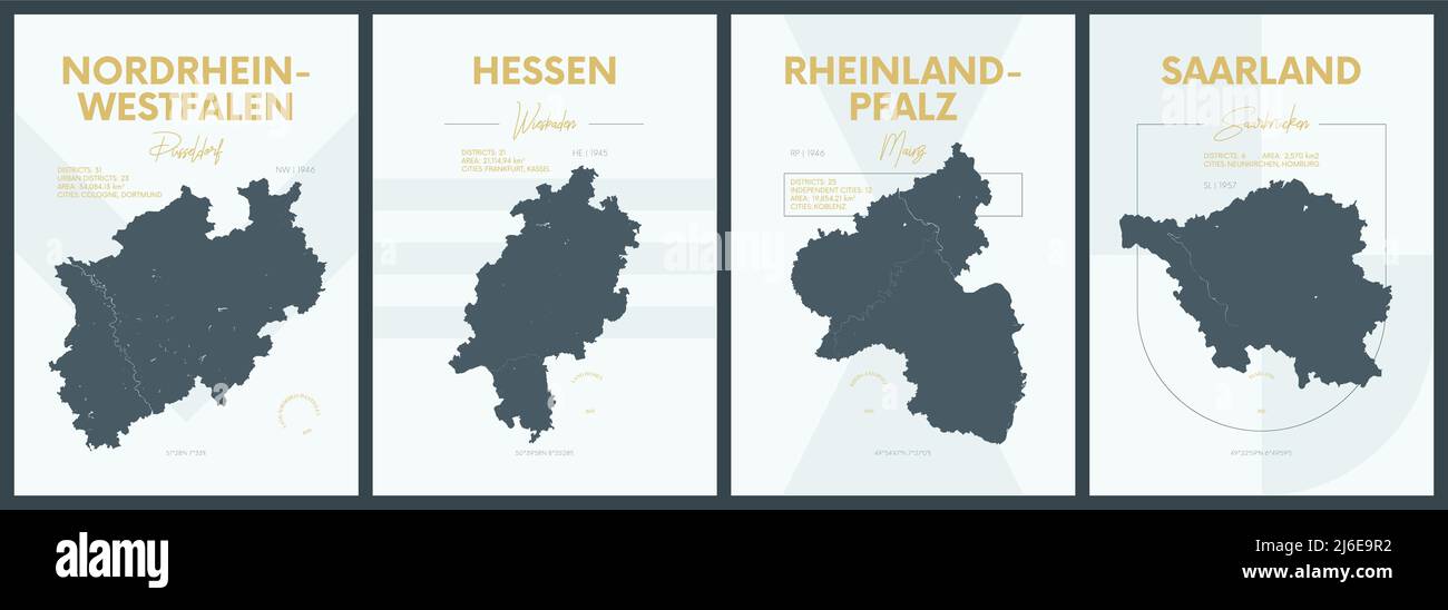 Poster vettoriali con sagome molto dettagliate Stati della Germania - Nordrhein-Westfalen, Hessen, Rheinland-Pfalz, Saarland - Set 3 di 4 Illustrazione Vettoriale