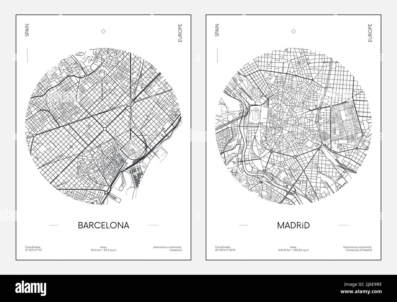 Poster di viaggio, mappa urbana della città di Barcellona e Madrid, illustrazione vettoriale Illustrazione Vettoriale