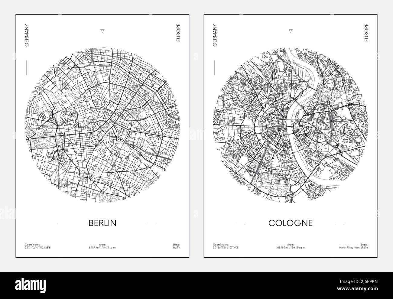 Poster di viaggio, mappa urbana della città di Berlino e Colonia, illustrazione vettoriale Illustrazione Vettoriale