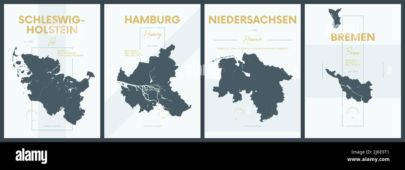 Poster vettoriali con sagome molto dettagliate Stati della Germania - Schleswig-Holstein, Amburgo, Niedersachsen, Brema - Set 1 di 4 Illustrazione Vettoriale
