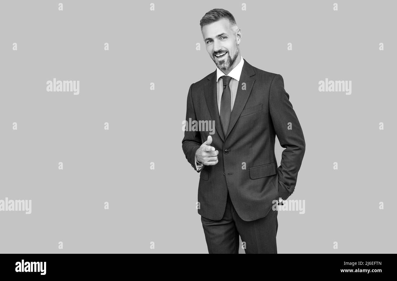 uomo d'affari fiducioso in vestito d'affari, spazio di copia, stile di affari Foto Stock