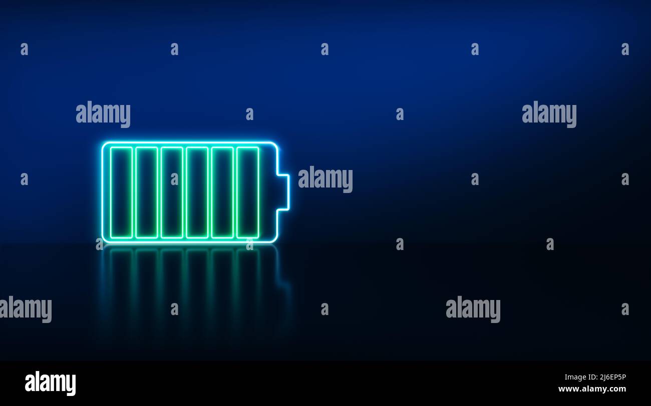 Icona indicatore luminoso del livello di carica della batteria al neon. Segnale di carica della batteria. Batteria carica. Foto Stock