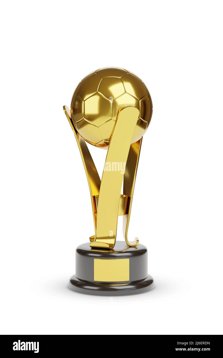Trofeo di calcio d'oro a forma di palla isolato su sfondo bianco. 3d illustrazione Foto Stock