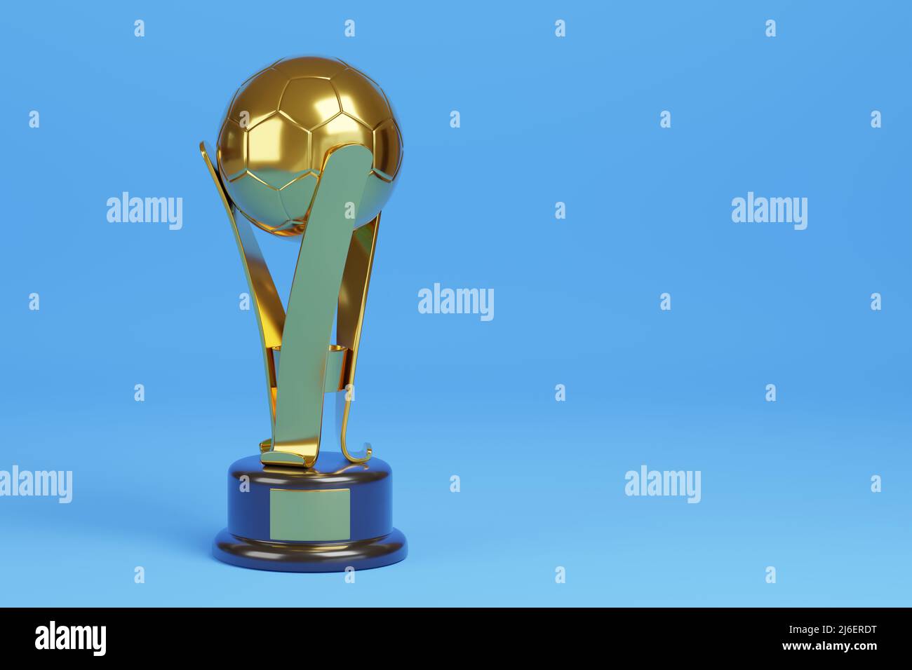 Trofeo di calcio d'oro a forma di palla isolato su sfondo blu con spazio copia. 3d illustrazione Foto Stock