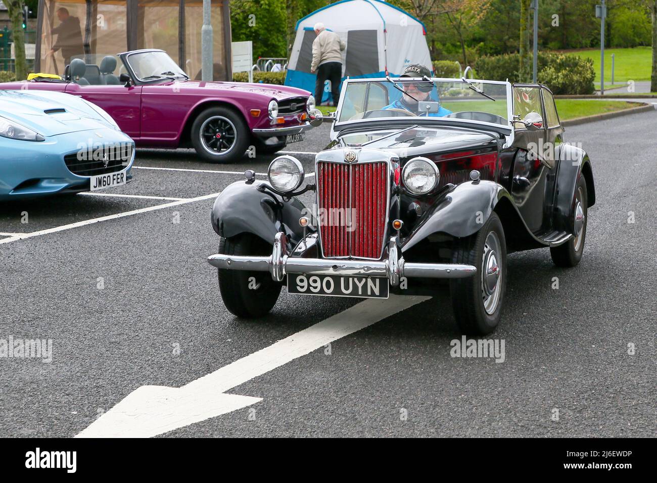 Kilmarnock, Regno Unito. 01st maggio 2022. L'Ayrshire Classic Car Club ha tenuto il suo popolare, annuale, classico rally auto alla St Joseph's Academy, Kilmarnock e quest'anno ha attratto più di 200 veicoli classici e vintage di tutte le descrizioni. Ora è considerato come uno dei principali eventi del suo tipo, consentendo agli appassionati e ai proprietari di tutto il Regno Unito di mostrare le loro auto. JOHN FERRIER guida la sua 1954 MG TD. Credit: Findlay/Alamy Live News Foto Stock