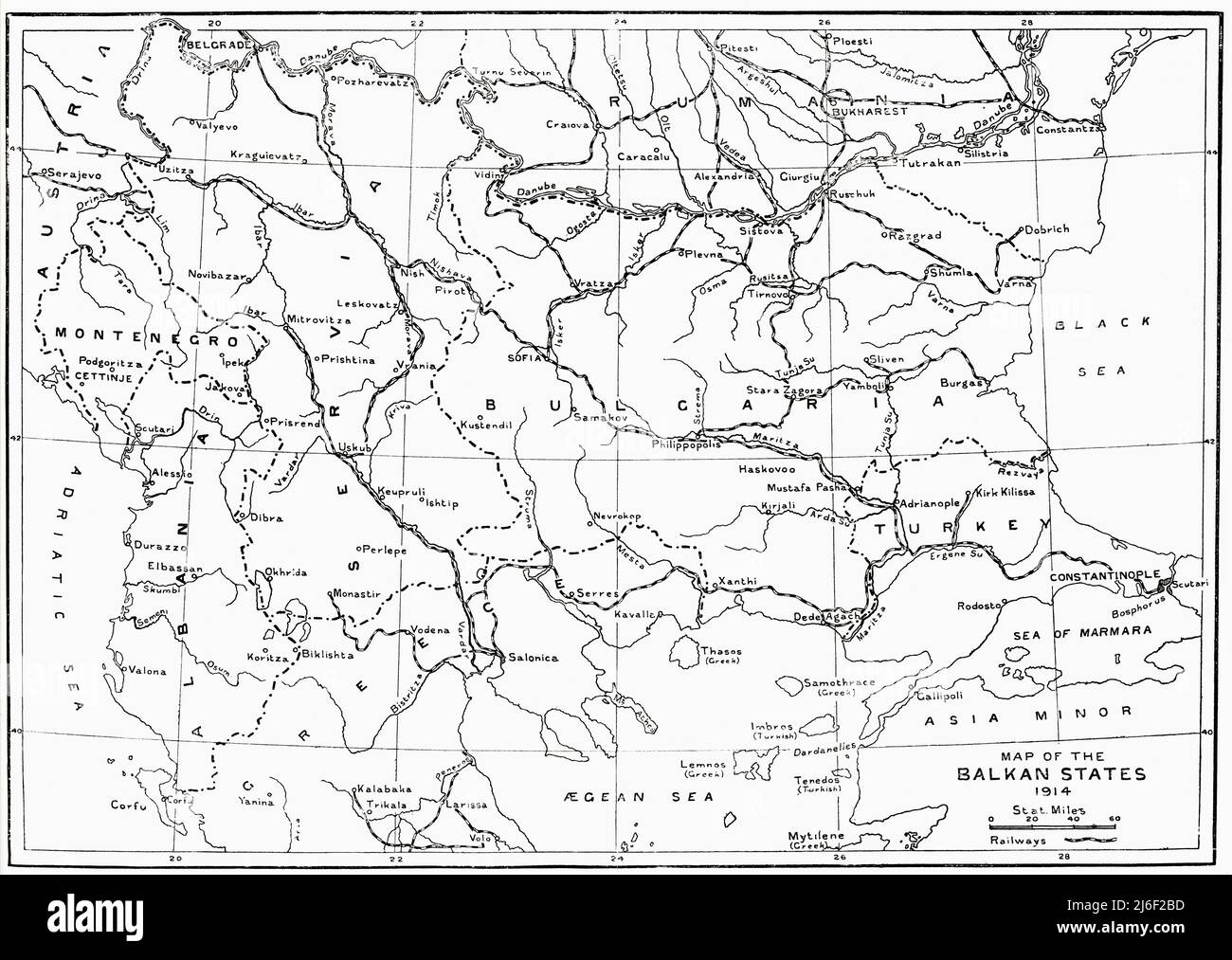 Mappa degli Stati balcanici nel 1914 all'inizio della prima guerra mondiale. Foto Stock