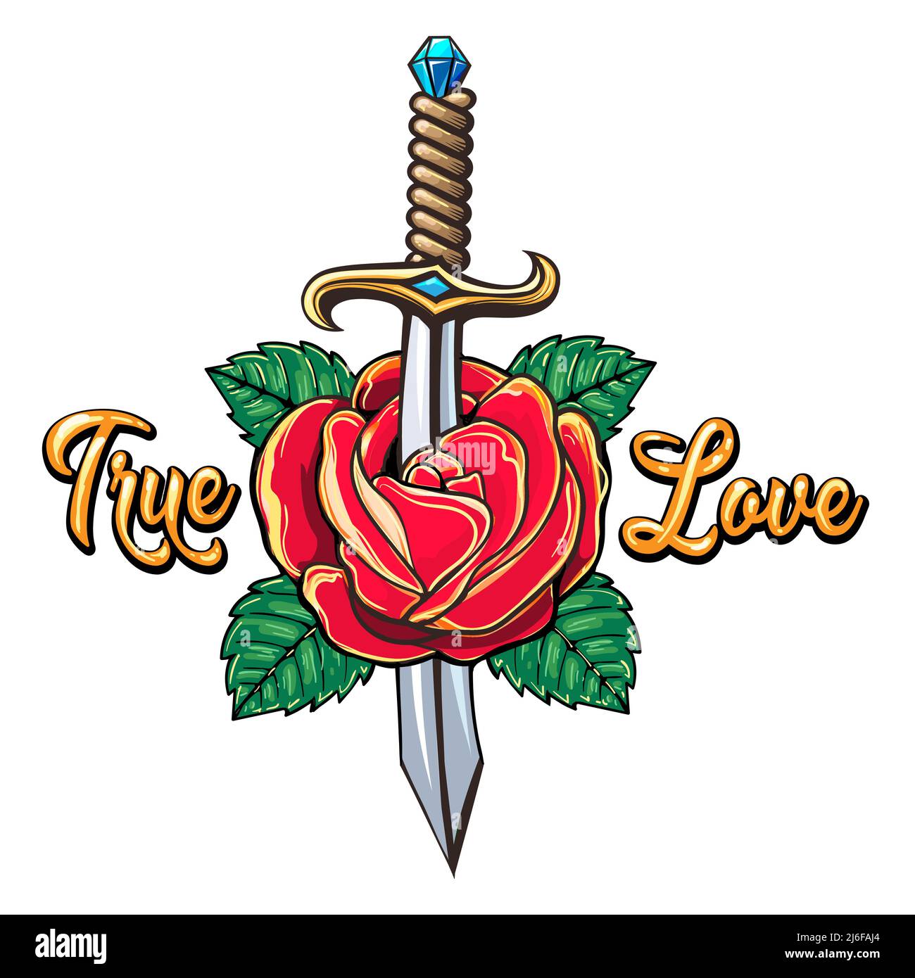 Tatuaggio di rosa trafitto da Knife e la formulazione vero amore isolato su bianco. Illustrazione vettoriale. Illustrazione Vettoriale