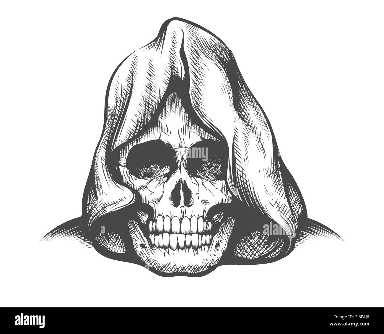 Tatuaggio del cranio in uno stile Hood Engraving isolato su bianco. Illustrazione vettoriale. Illustrazione Vettoriale