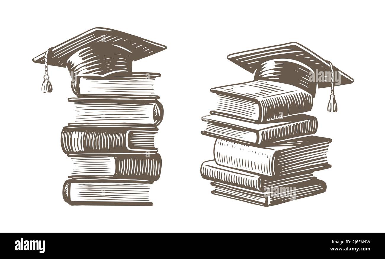 Pila di libri con il disegno del cappuccio di graduazione. Studiare all'università, concetto di scuola. Illustrazione vettoriale vintage Illustrazione Vettoriale