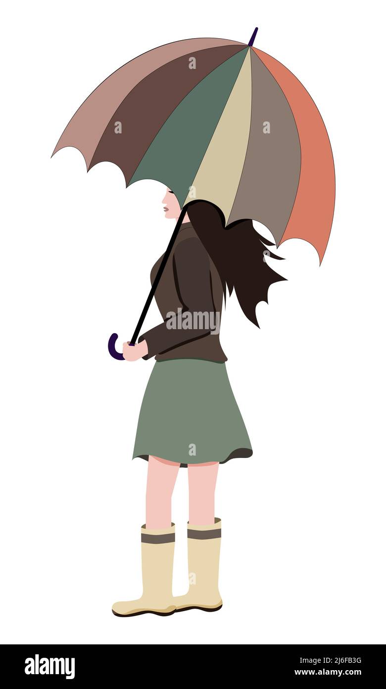 Ragazza in piedi in una gonna e calze con un ombrello colorato nel vettore Illustrazione Vettoriale
