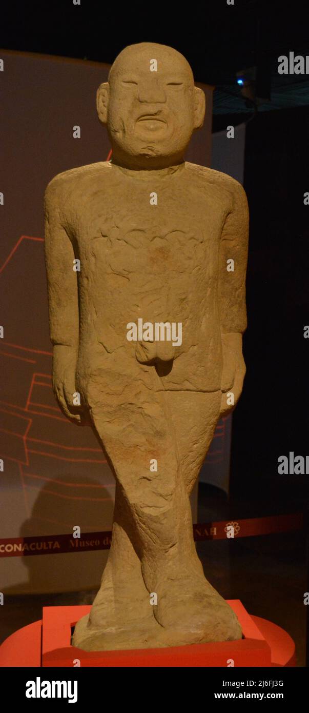 Mostra temporanea di Xipe Totec e la rigenerazione della vita nel Templo Mayor Museum. Scultura trovata in Teayo Veracruz Città del Messico Foto Stock