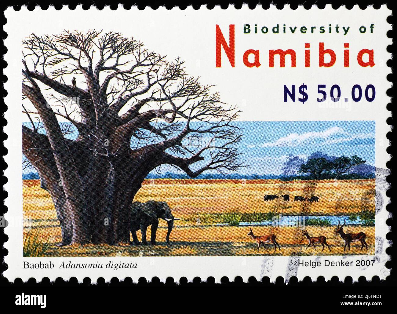 Bellissimo paesaggio africano sul francobollo dalla Namibia Foto Stock