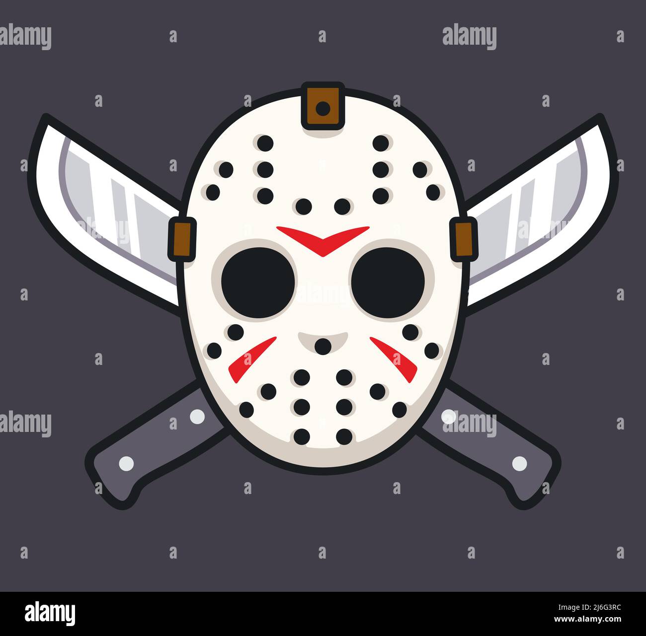 Serial killer maschera hockey con due machetes, Halloween o Venerdì 13 disegno horror. Illustrazione del vettore cartoon. Illustrazione Vettoriale