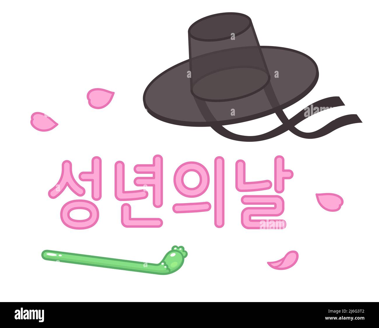 Celebrazione del giorno dell'Età della Corea. Biglietto di auguri con testo (traduzione: Venuta di Età) cappello di gat e binyeo hairpin. Carino cartoon vettore illustratio Illustrazione Vettoriale