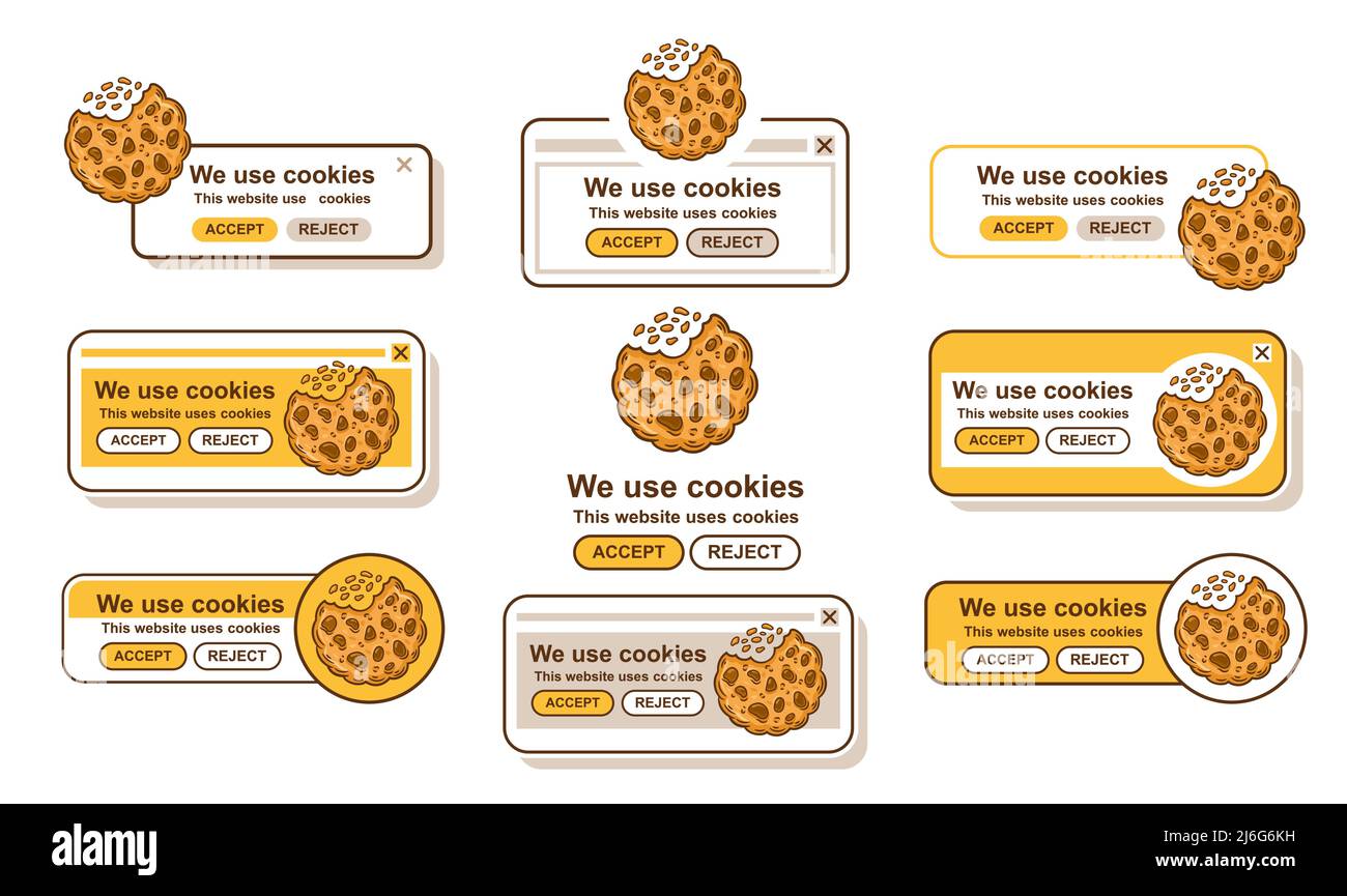 Tracciamento dei cookie Web, utilizzo dei criteri di protezione dei dati del browser Web. Internet proteggere le informazioni personali. Accettare le informazioni sulla sicurezza. Biscotto morso. Banner vettoriale Illustrazione Vettoriale