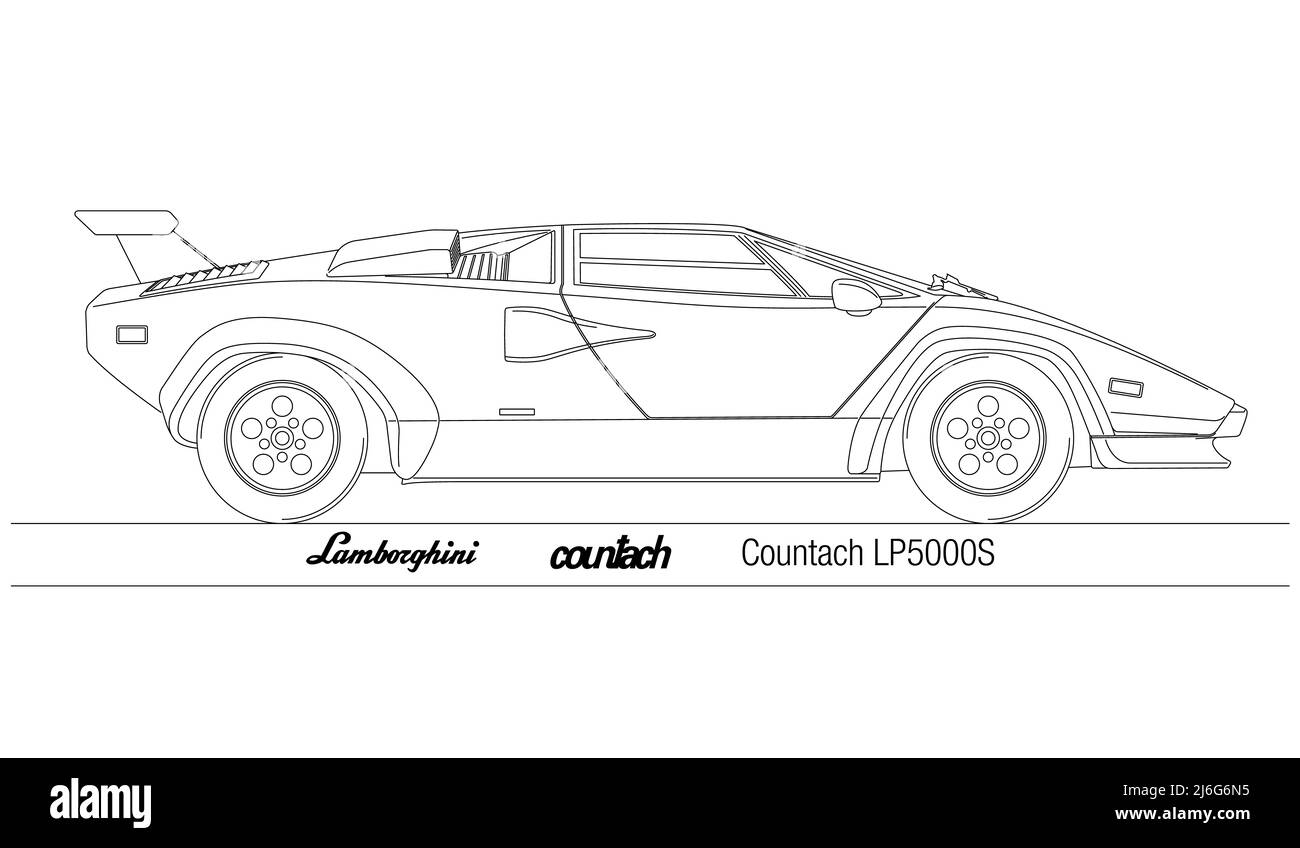 Lamborghini Countach LP5000 auto sportiva d'epoca, Italia, delineata su sfondo bianco, illustrazione Foto Stock
