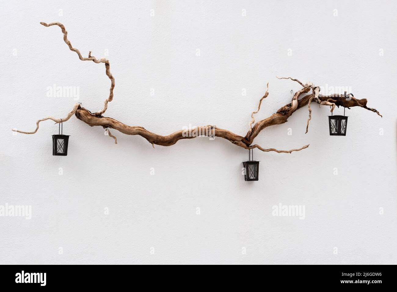 Driftwood con lampade a candela appese alla parete Foto Stock