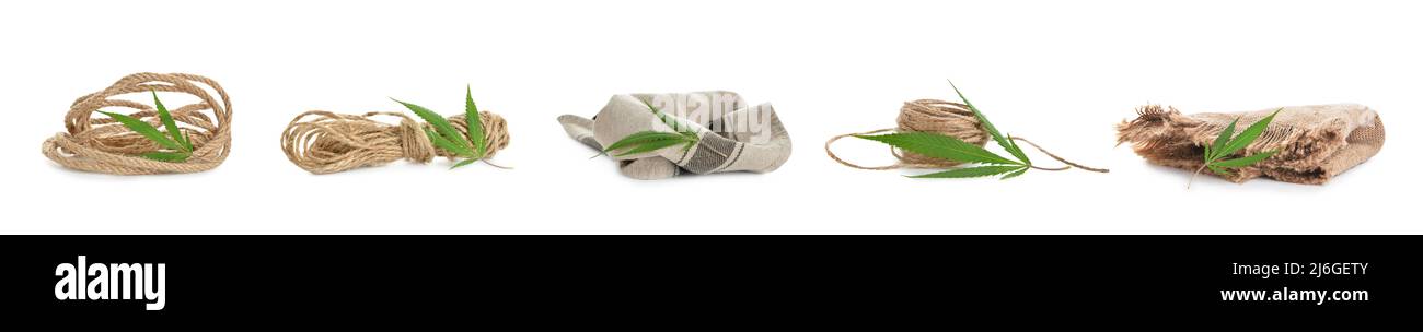 Set di corde e tessuti di canapa su sfondo bianco Foto Stock