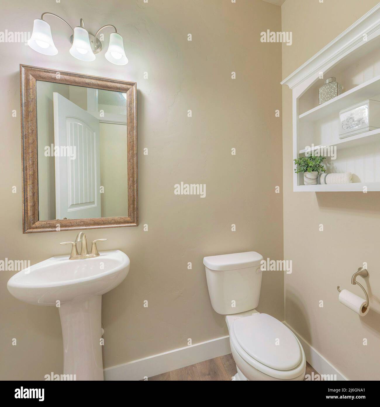 Camera a polvere quadrata interna con pareti beige e ripiani incorniciati con display ornamentali Foto Stock