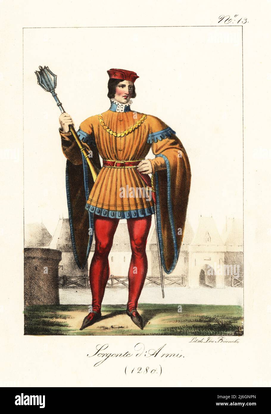 Costume di un serjeant-at-Arms francese, 1280. In berretto, doppietto con maniche piene, scarlatto, scarpe, catena d'oro, mazza cerimoniale e spada. Sergent d'Armes. (1280). Litografia a mano di Lorenzo Bianchi dopo Ippolite Lecomte di Costumi civili e militanti della monarchia francese dal 1200 al 1820, Napoli, 1825. Edizione italiana dei costumi civili e militari della monarchia francese di Lecomte dal 1200 al 1820. Foto Stock