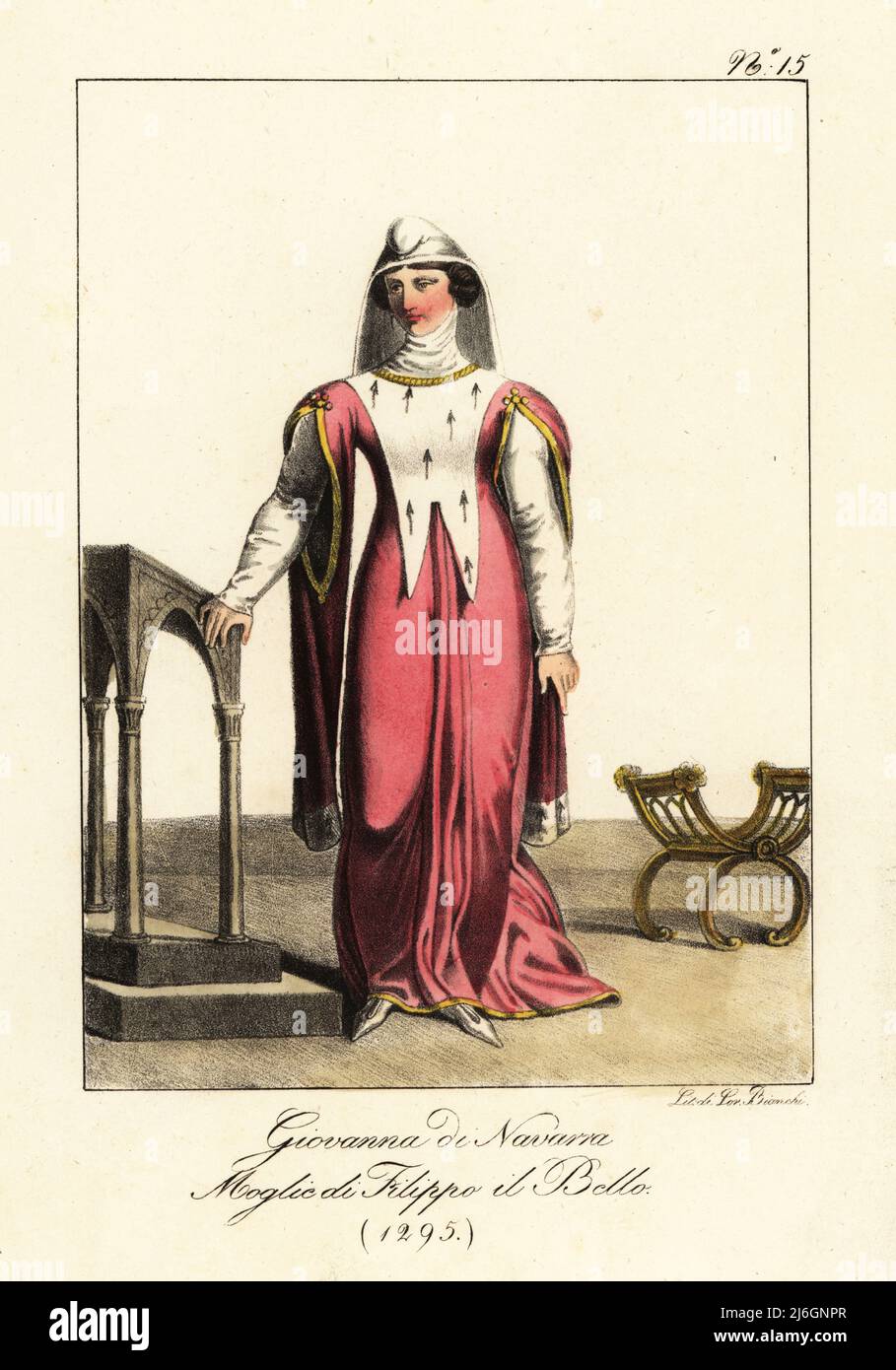 Giovanna i, Regina di Navarra, Contessa di Champagne, Regina di Francia per  matrimonio con Re Filippo IV In berretto con velo e coif, abito rosa con  colletto di erminio, sottobosco bianco, pantofole.